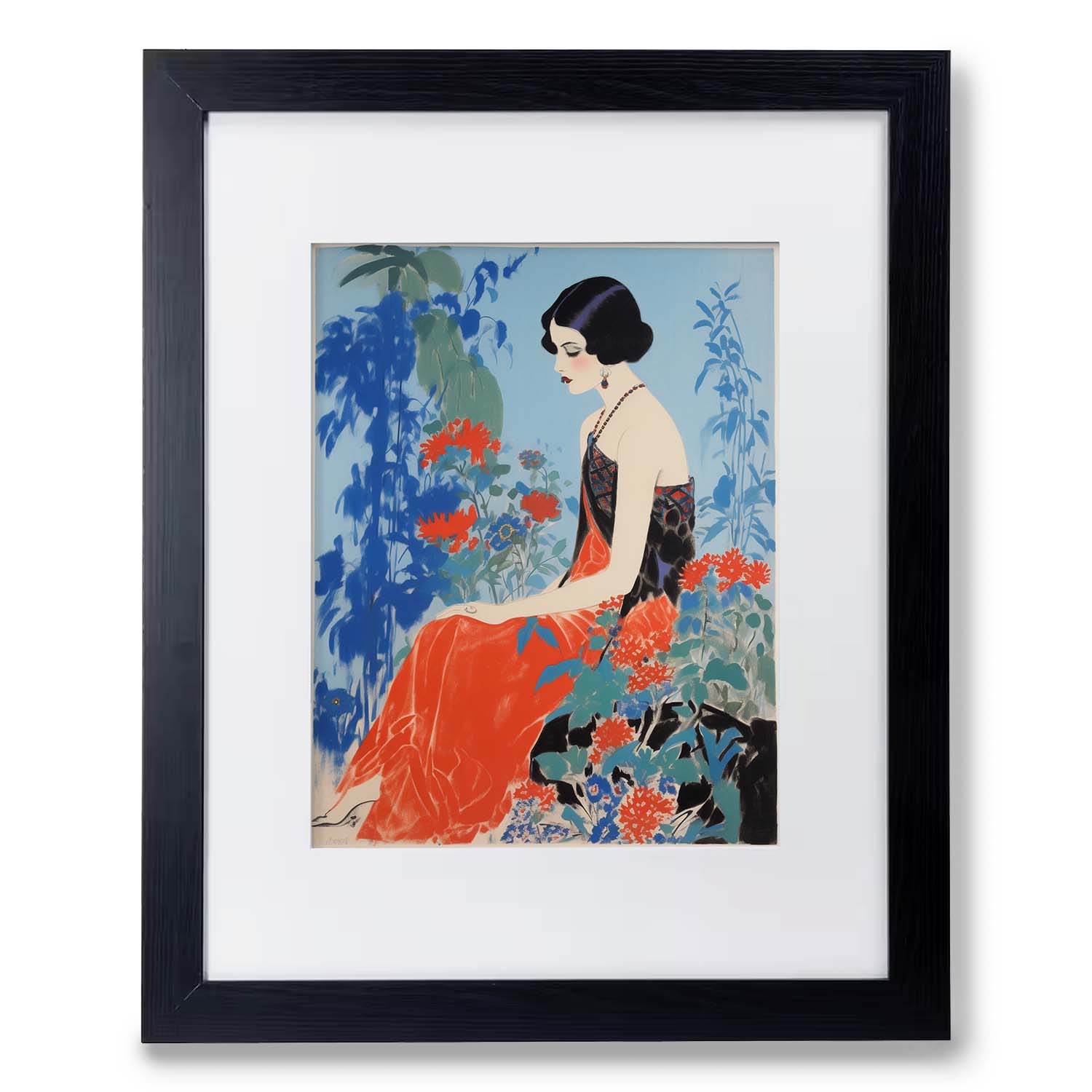 A framed Wander Down the Lane vintage poster depicting a stylized woman in a red dress sitting among blue and red flora by Stannie & Lloyd.