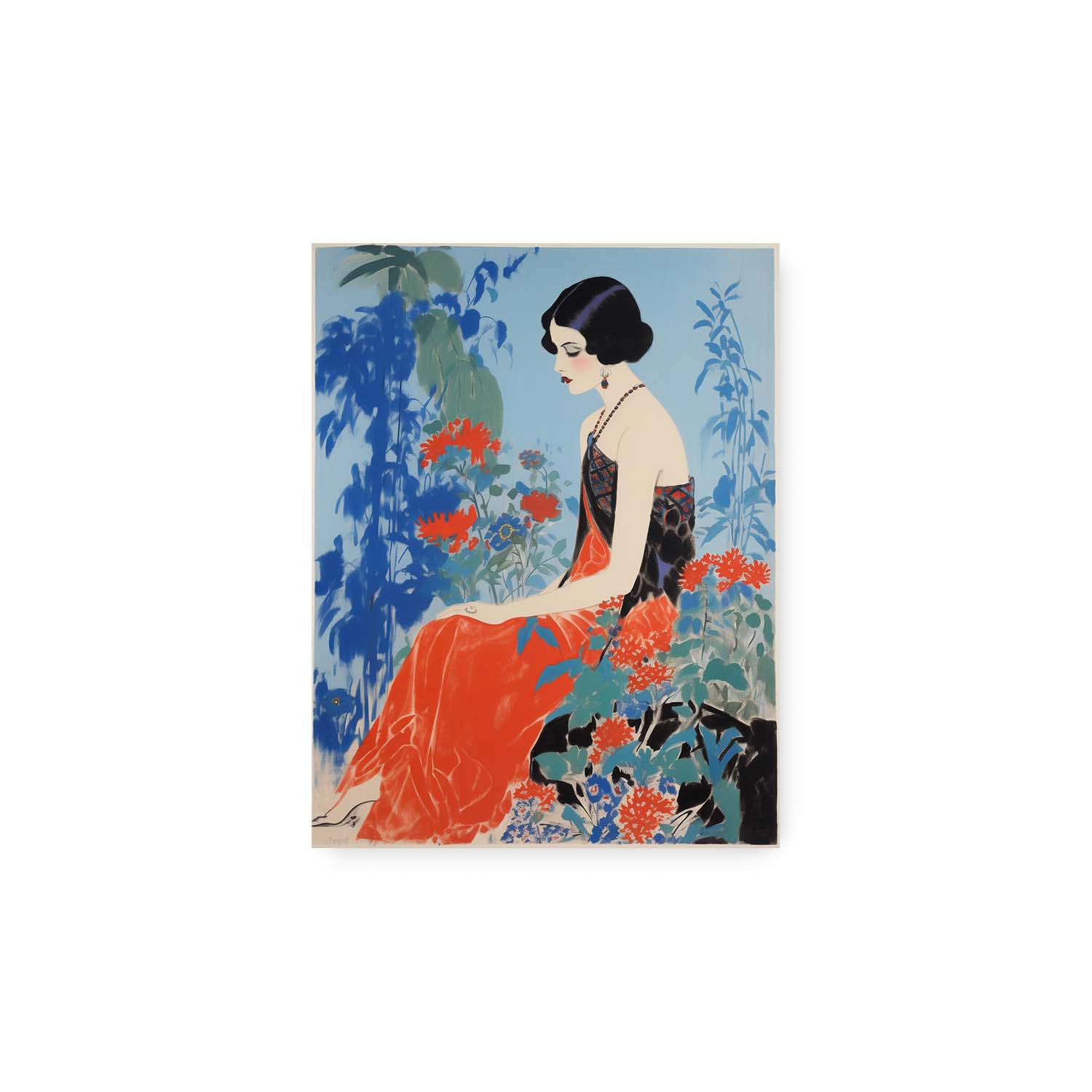 An illustration of a woman in a vintage wall art style, sitting among flowers and bamboo by Stannie & Lloyd's Wander Down the Lane.