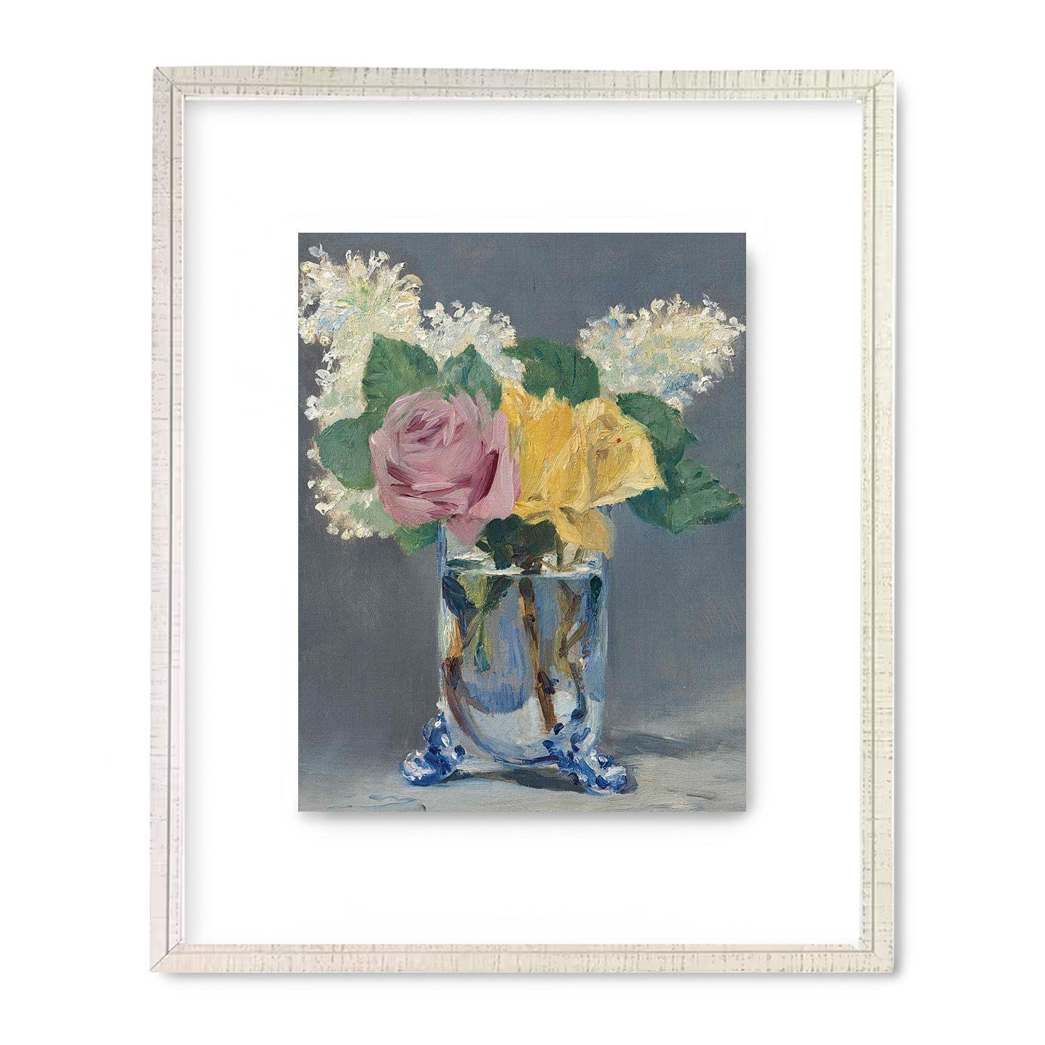 A vintage poster of yellow and pink roses in the Vase Symphonie by Stannie & Lloyd, perfect as modern wall art.