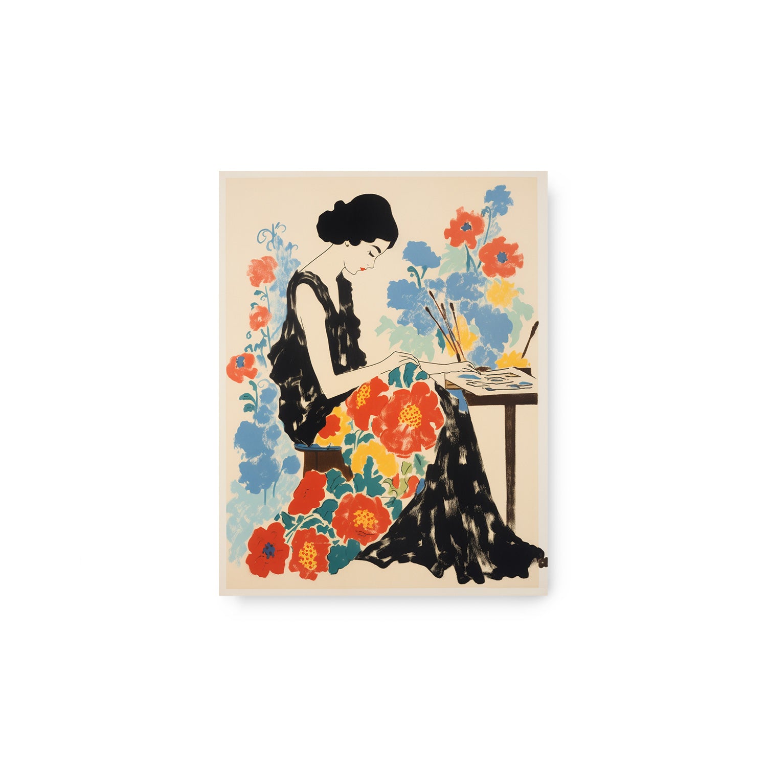 A vintage Sewing Some Kind of Wonderful poster of a woman sitting at a table with flowers by Stannie & Lloyd.