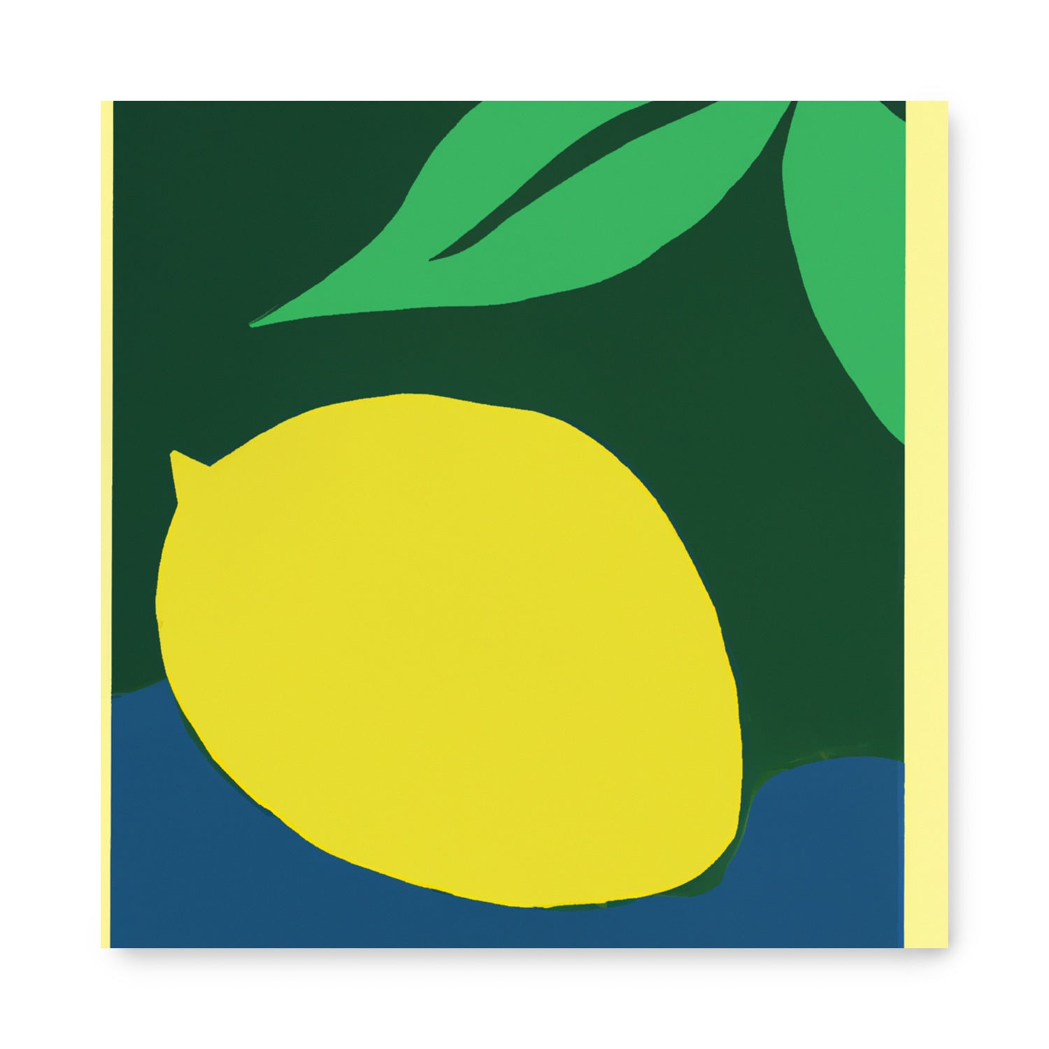 An I Say Lemon art print featuring a yellow lemon with green leaves on a blue background, perfect for wall decor. Produced by Stannie & Lloyd.