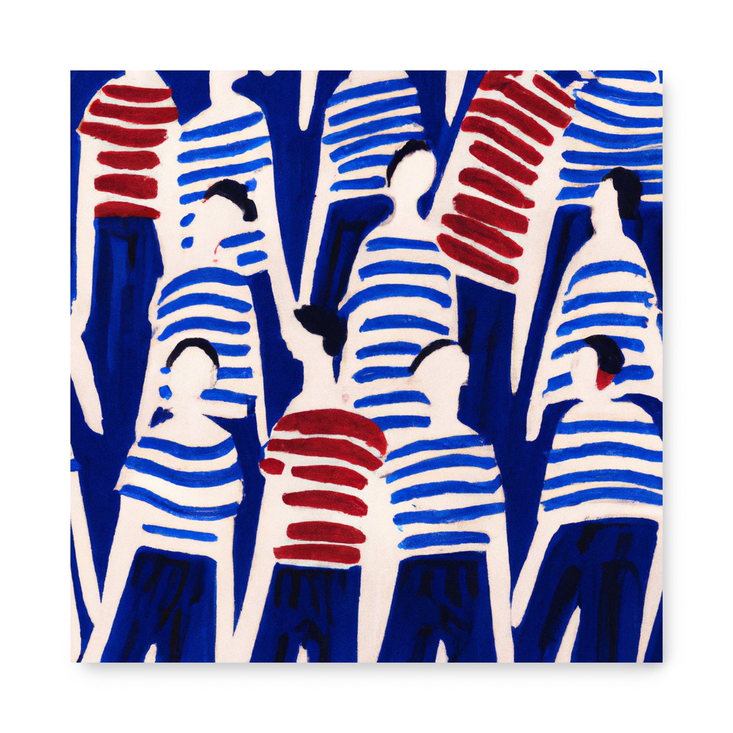 A Oui Oui poster featuring a group of people in striped shirts, perfect for adorning walls with art, from Stannie & Lloyd.