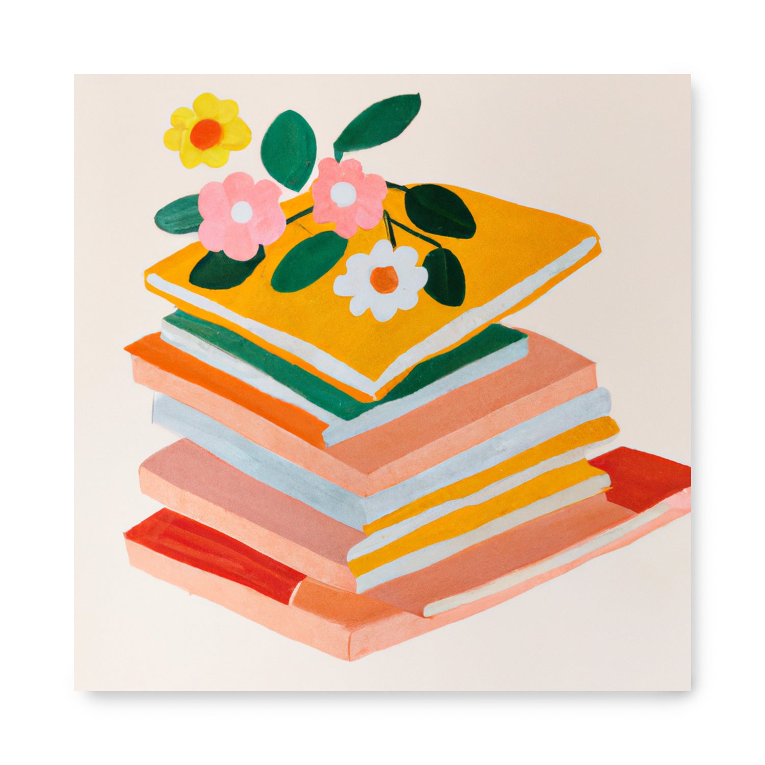 A vintage wall art print featuring a stack of Obvious Magic books adorned with flowers, by Stannie & Lloyd.