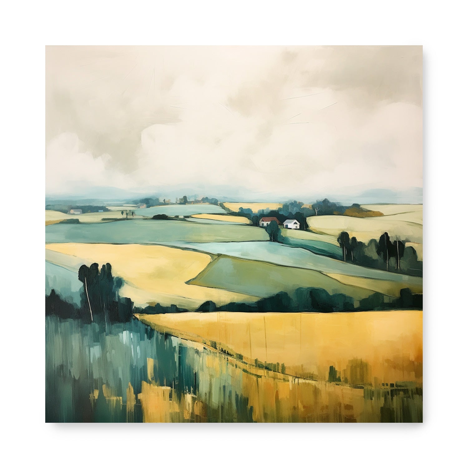 A vintage Low Clouds wall art print of a yellow field with a cloudy sky by Stannie & Lloyd.