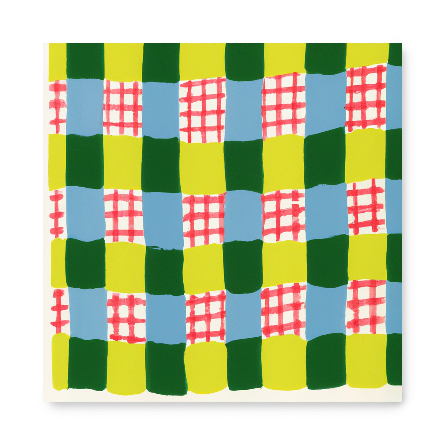 A vintage Plaid in Spring Pajamas wall art print by Stannie & Lloyd of a green, blue, and red checkered pattern on paper.