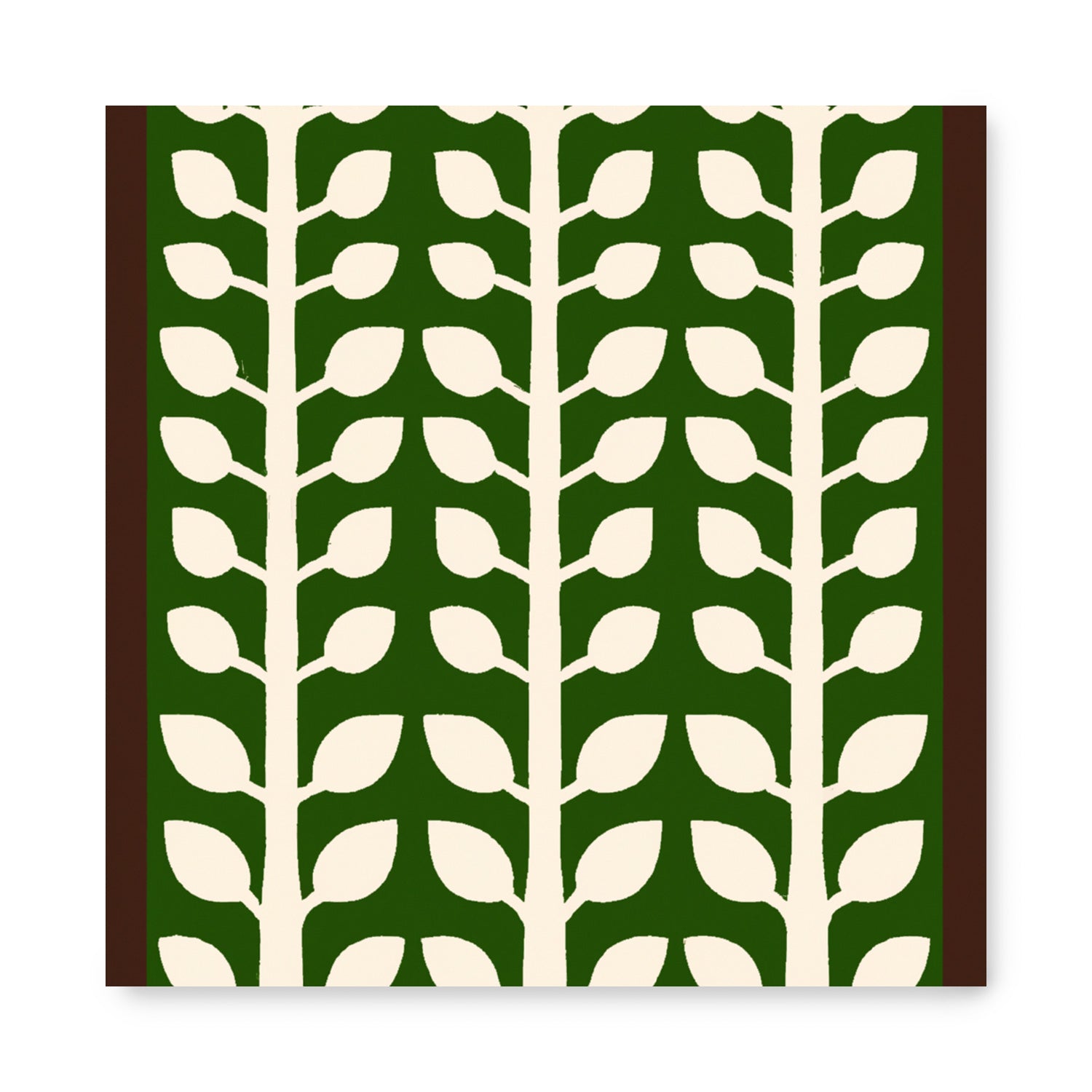 An On Repeat poster with a green and white leaf pattern on a brown background, by Stannie & Lloyd.