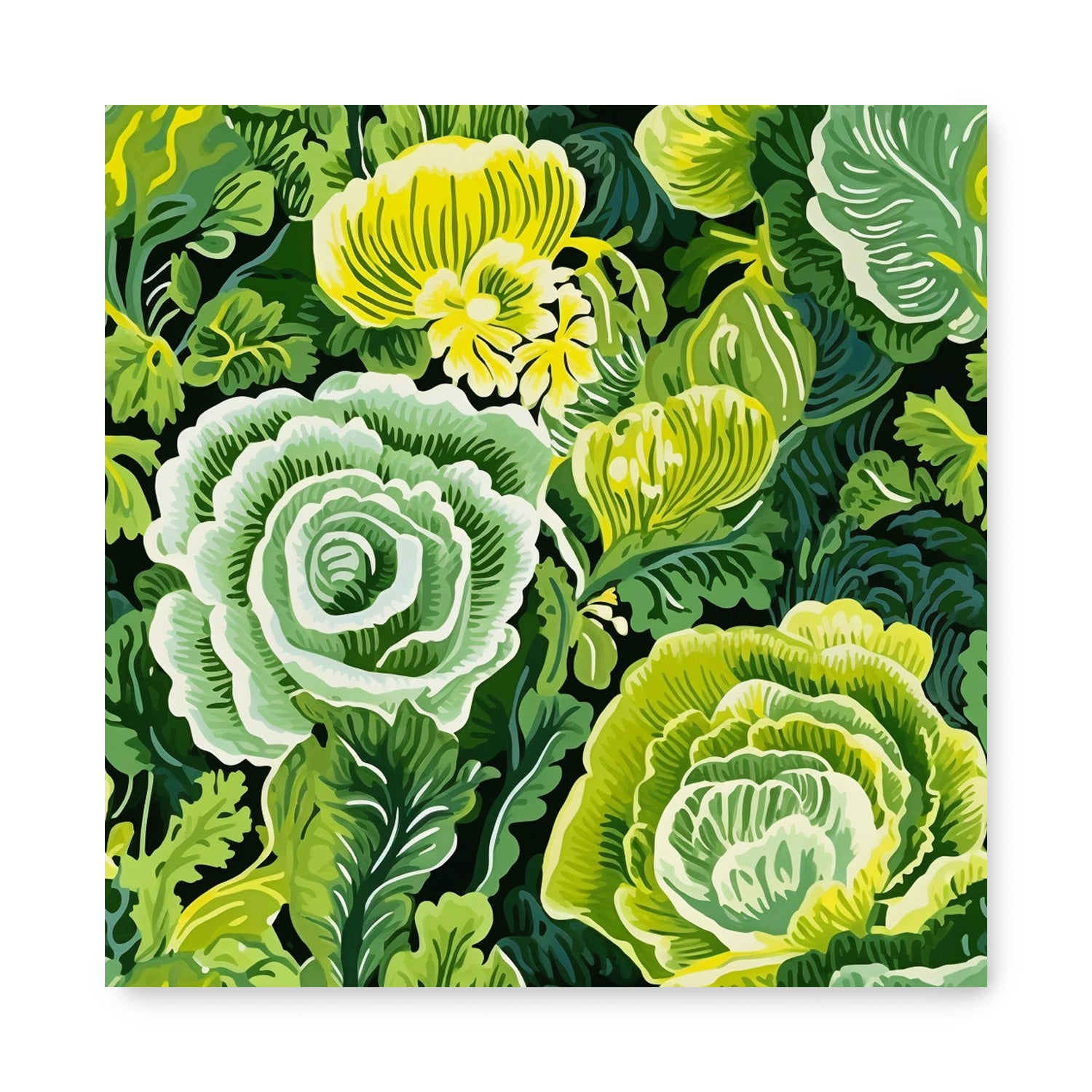 An Unexpected Bouquet print from Stannie & Lloyd, featuring a green and yellow floral print on a black background, perfect for modern wall art.