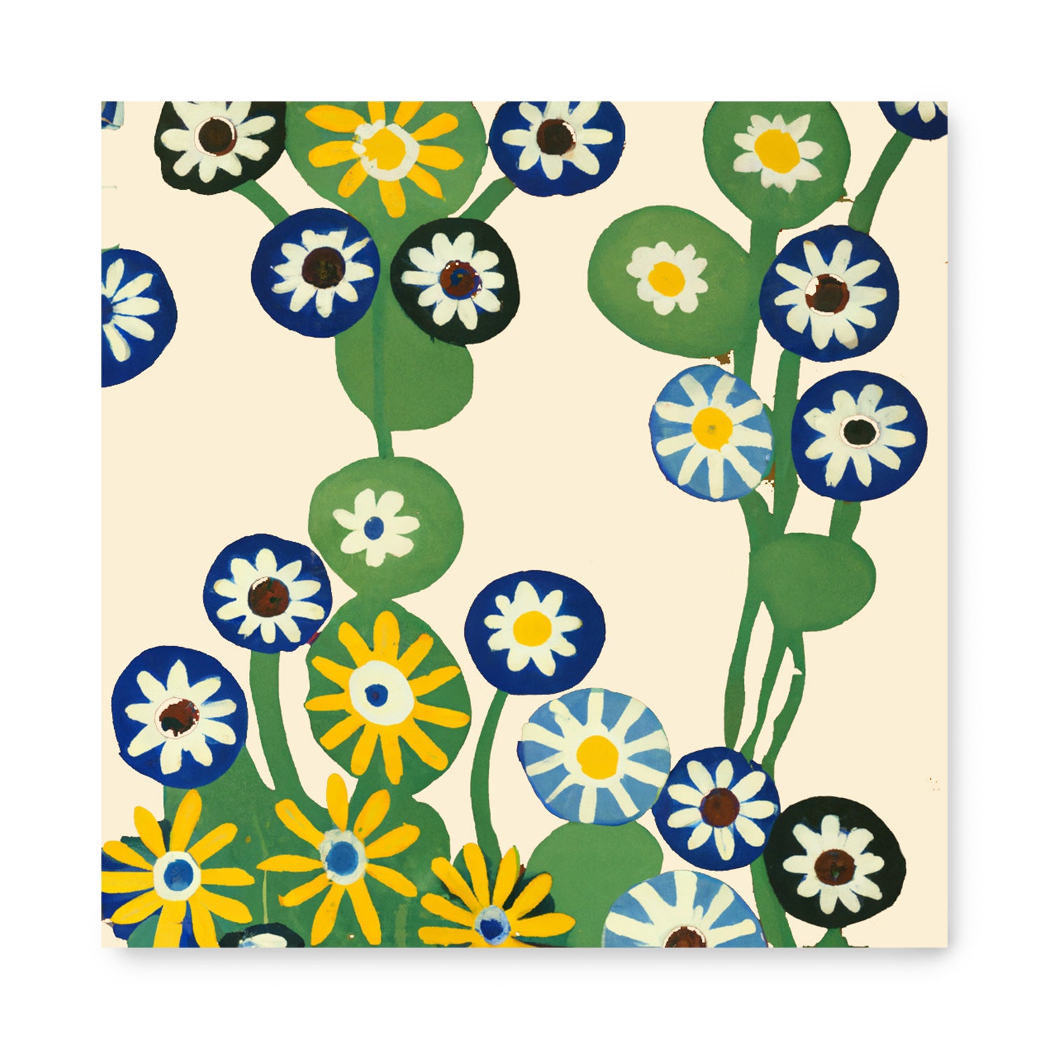 A modern Under Water wall art with a blue, yellow, and green flower design on a white background by Stannie & Lloyd.