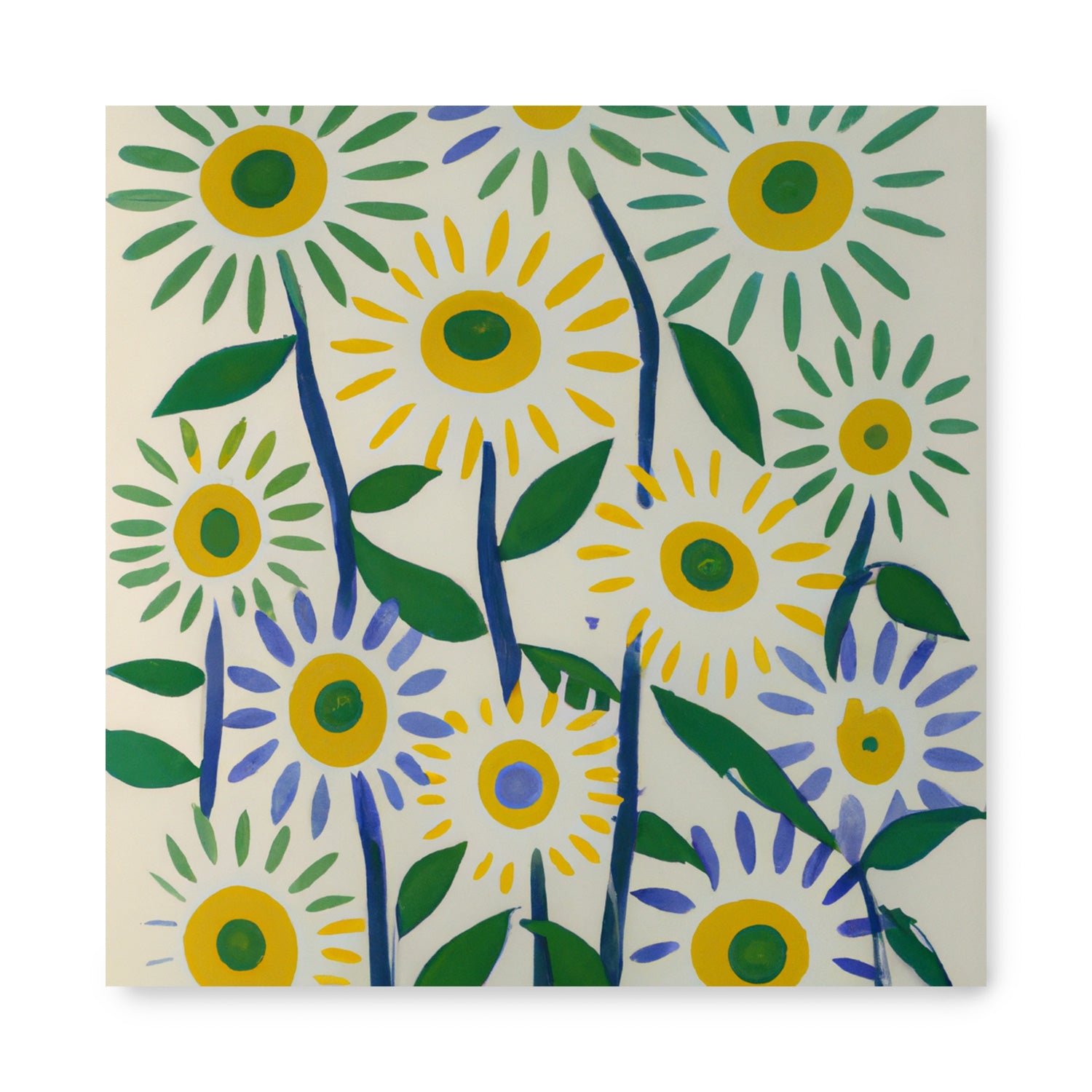 A vintage poster of sunflowers on a white background, perfect for decorating walls with art - Simple But Not Easy by Stannie & Lloyd.