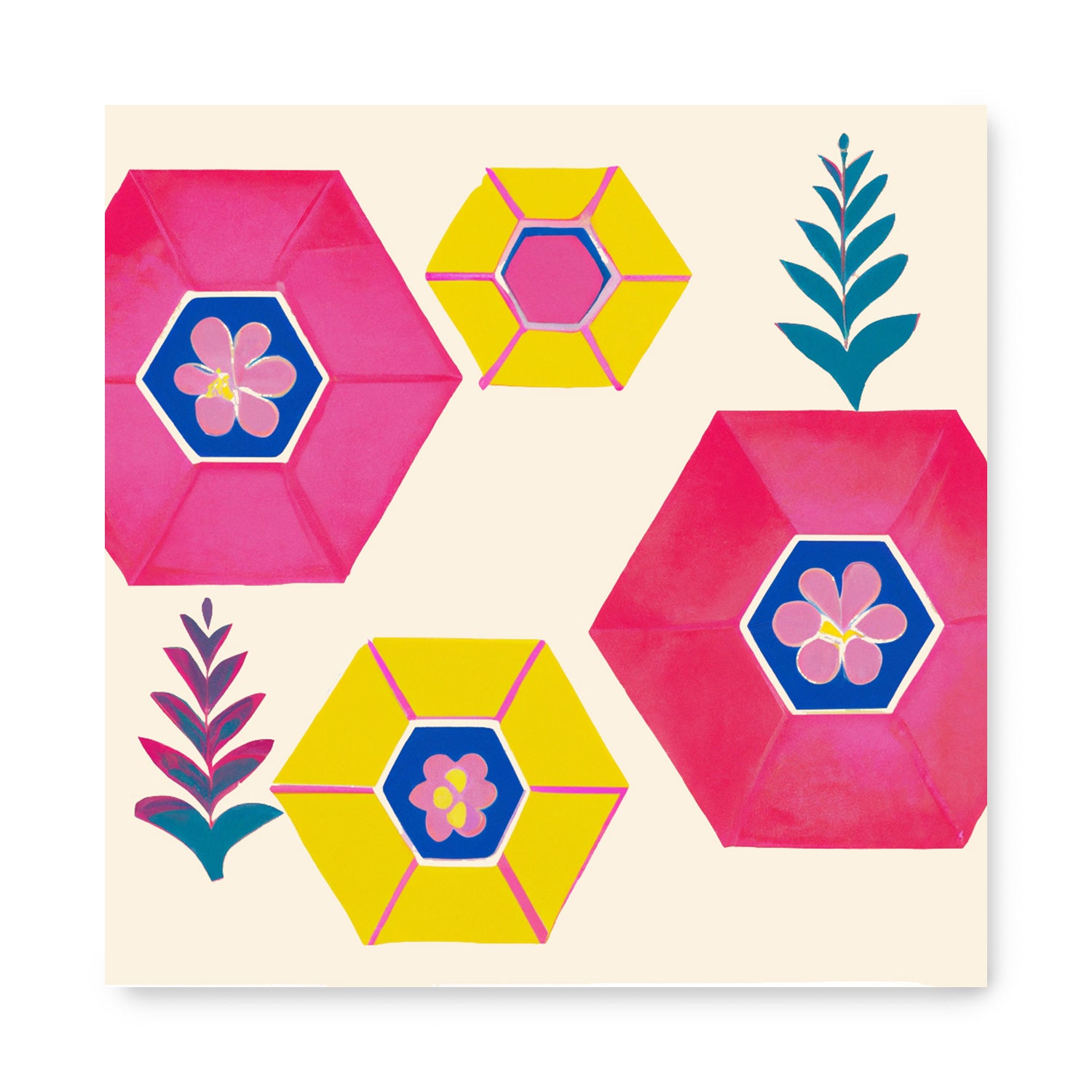 Pink, yellow, and blue hexagons on a white background create a captivating "Sinking Into Sleep" by Stannie & Lloyd vintage wall art.