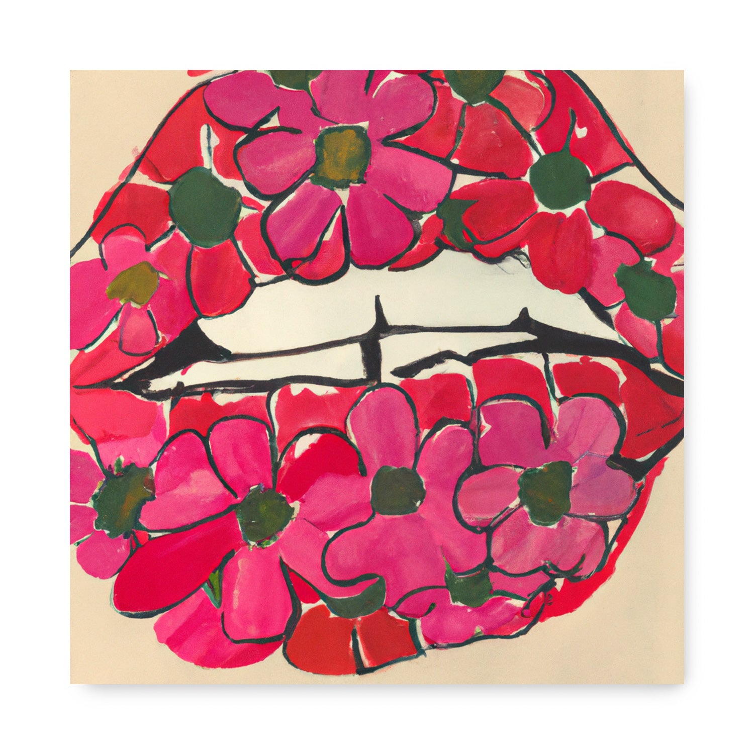 A Stannie & Lloyd wall art print featuring lips with flowers named "Slipping and Thinking of You".