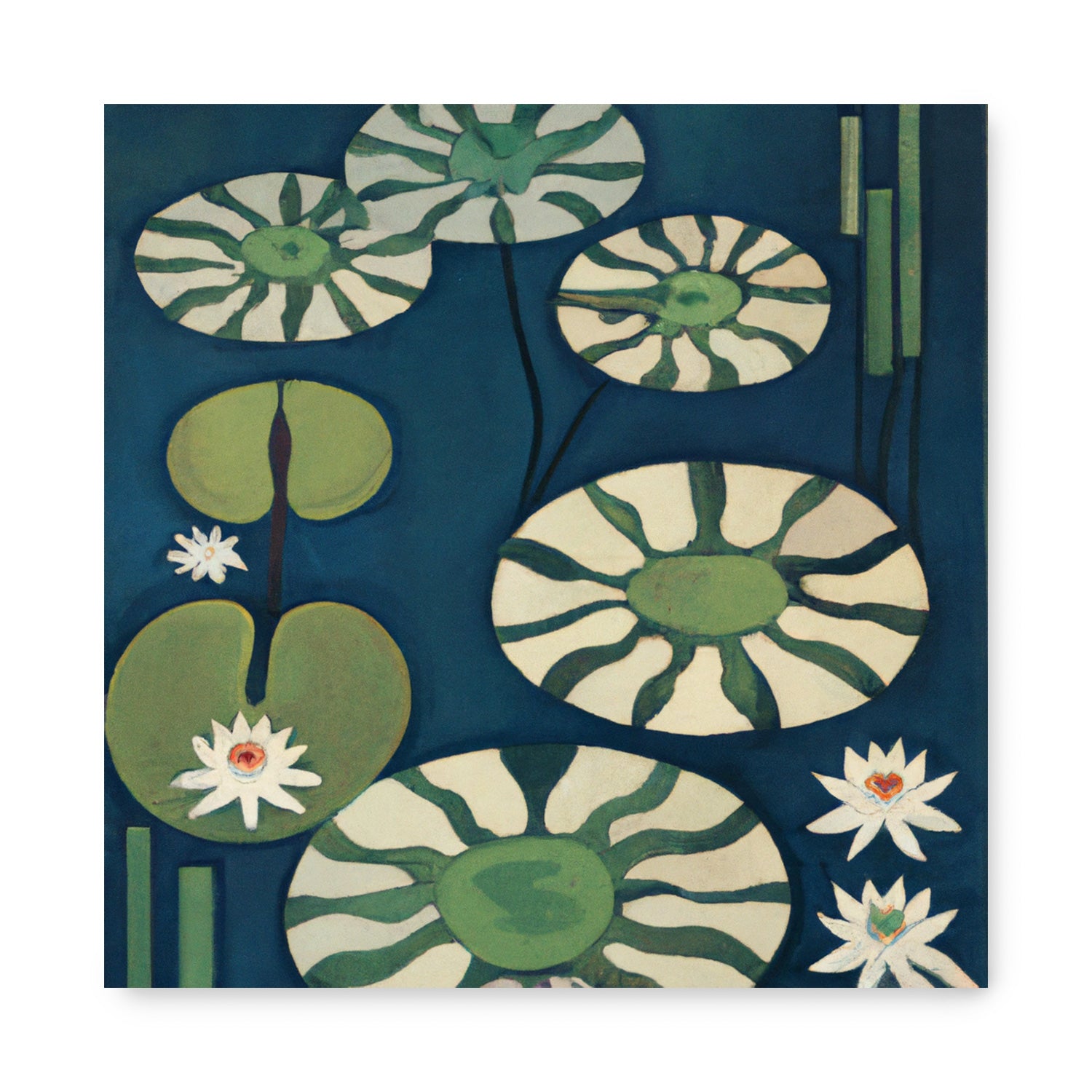 A modern wall art of water lilies on a blue background called "There is A Place by The Pond" by Stannie & Lloyd.