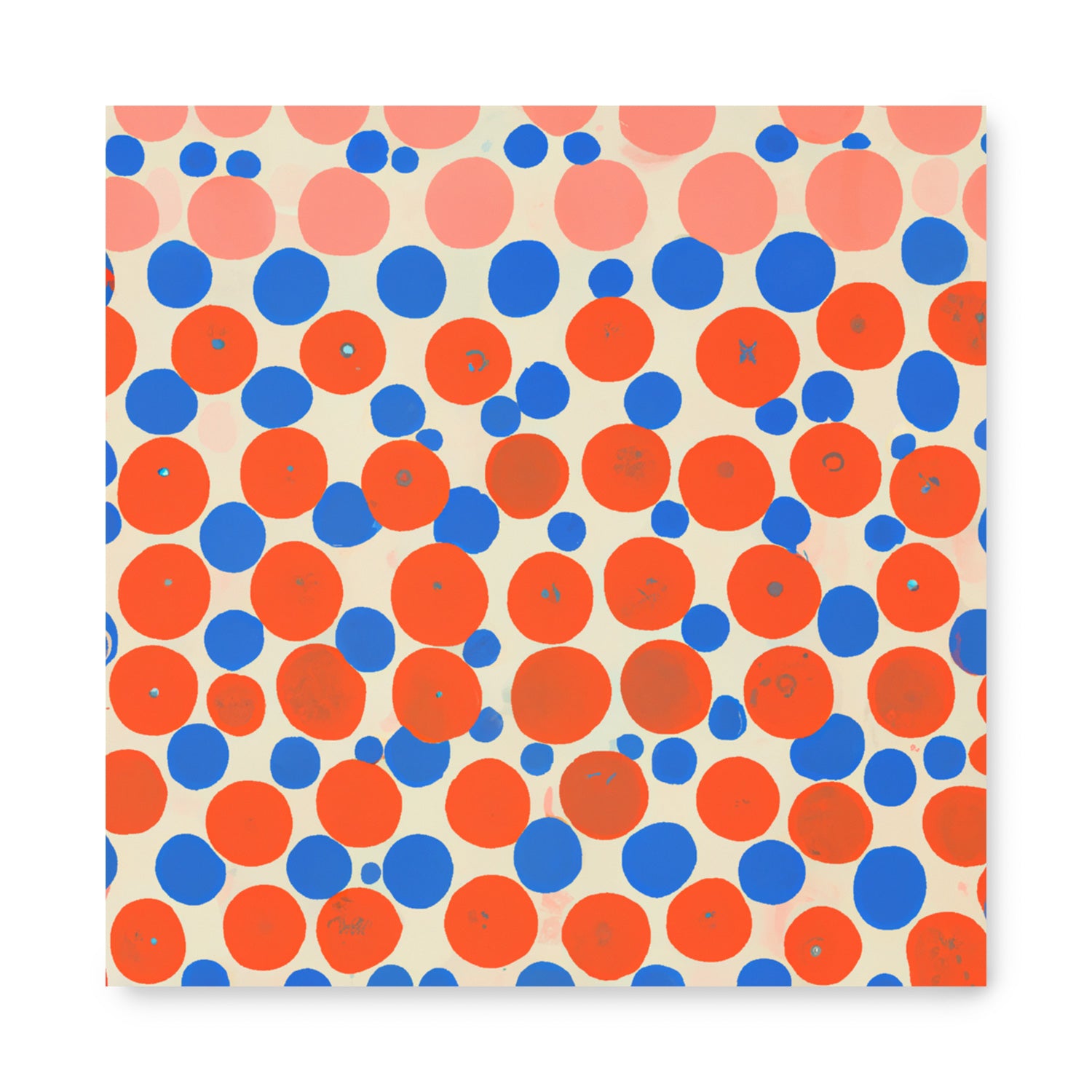 An Evanescent orange and blue polka dot pattern on a white background, perfect for art prints and wall decor, by Stannie & Lloyd.