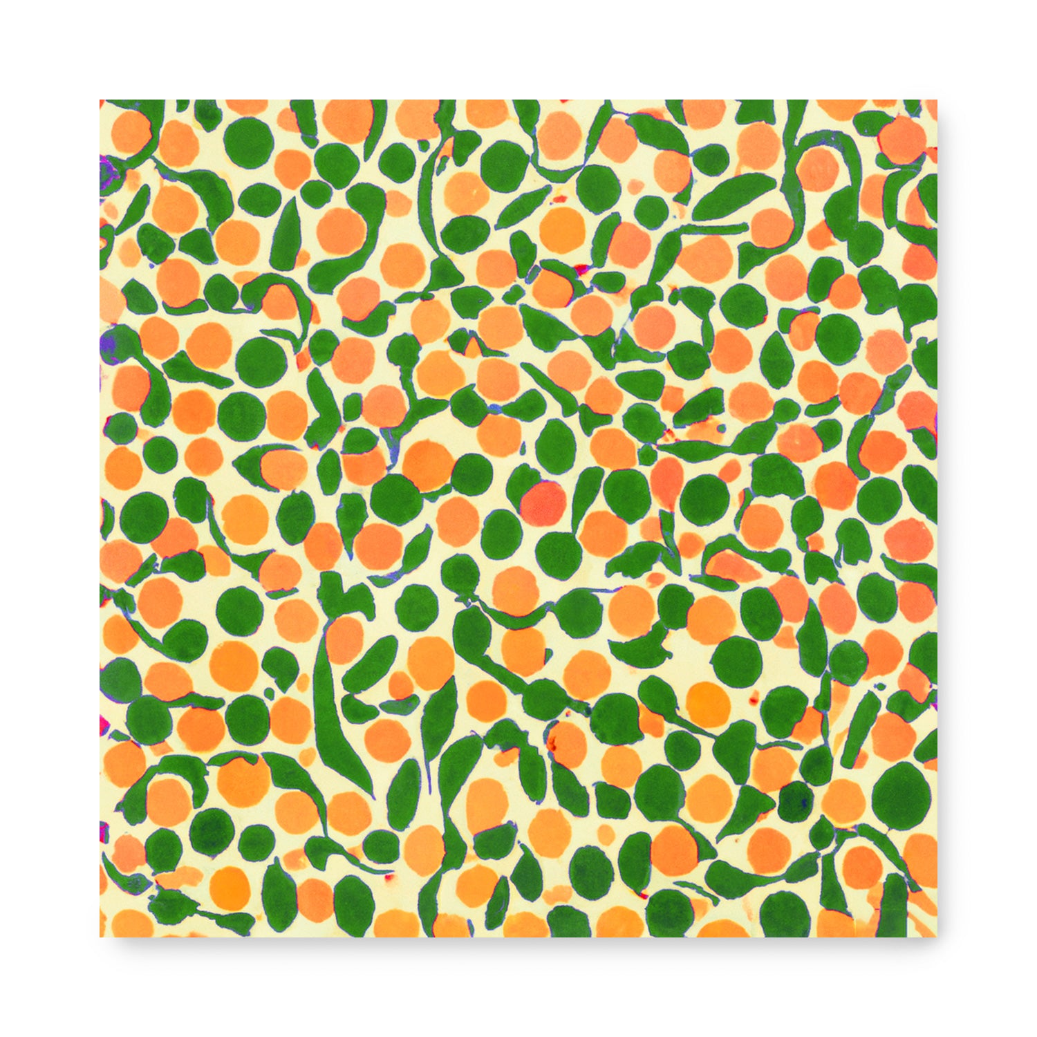 A Where the Grass is Supposed to Be wall art poster by Stannie & Lloyd with orange and green dots on it.