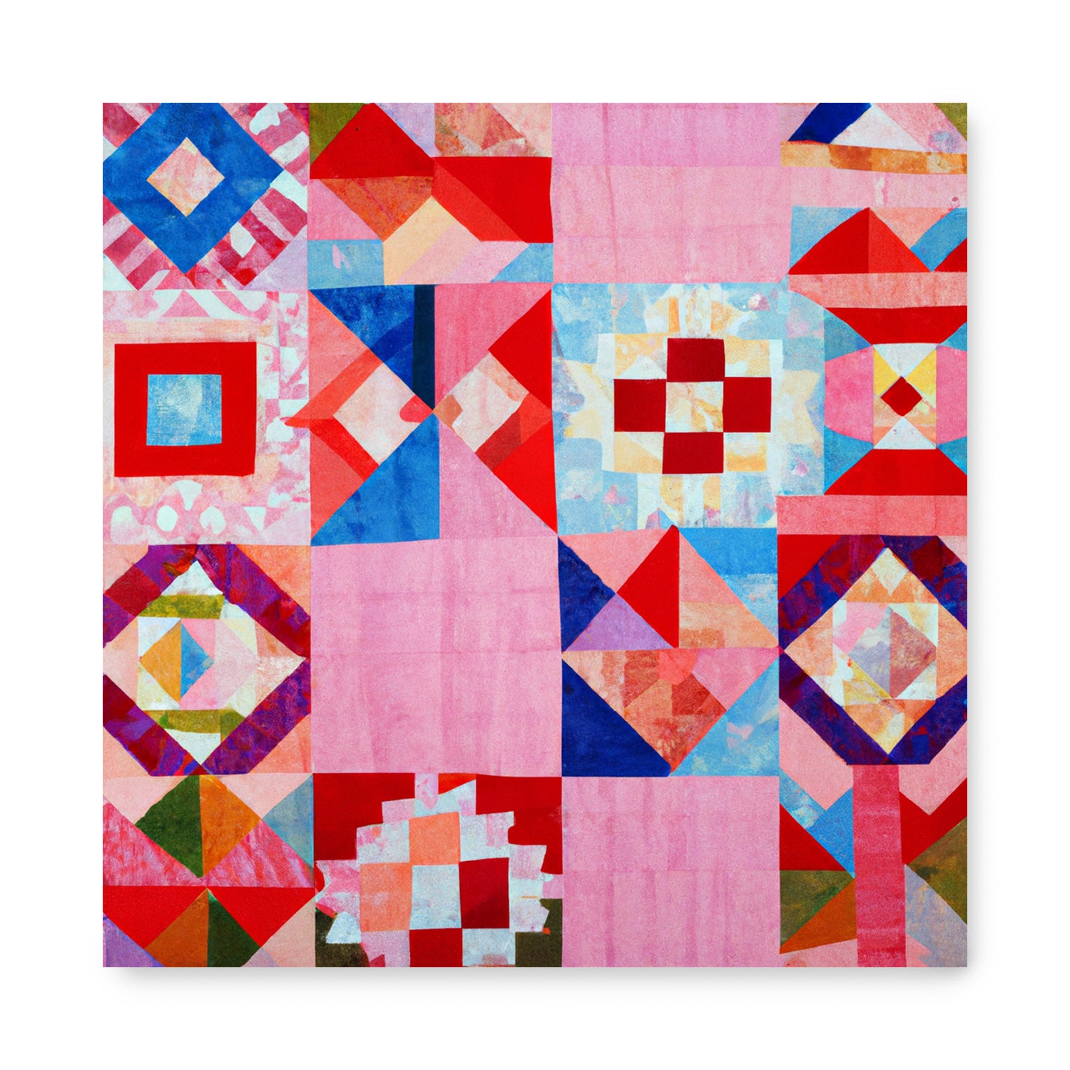 A pink quilt with colorful squares and triangles, featuring prints and artworks, The Best Friends Are... by Stannie & Lloyd.