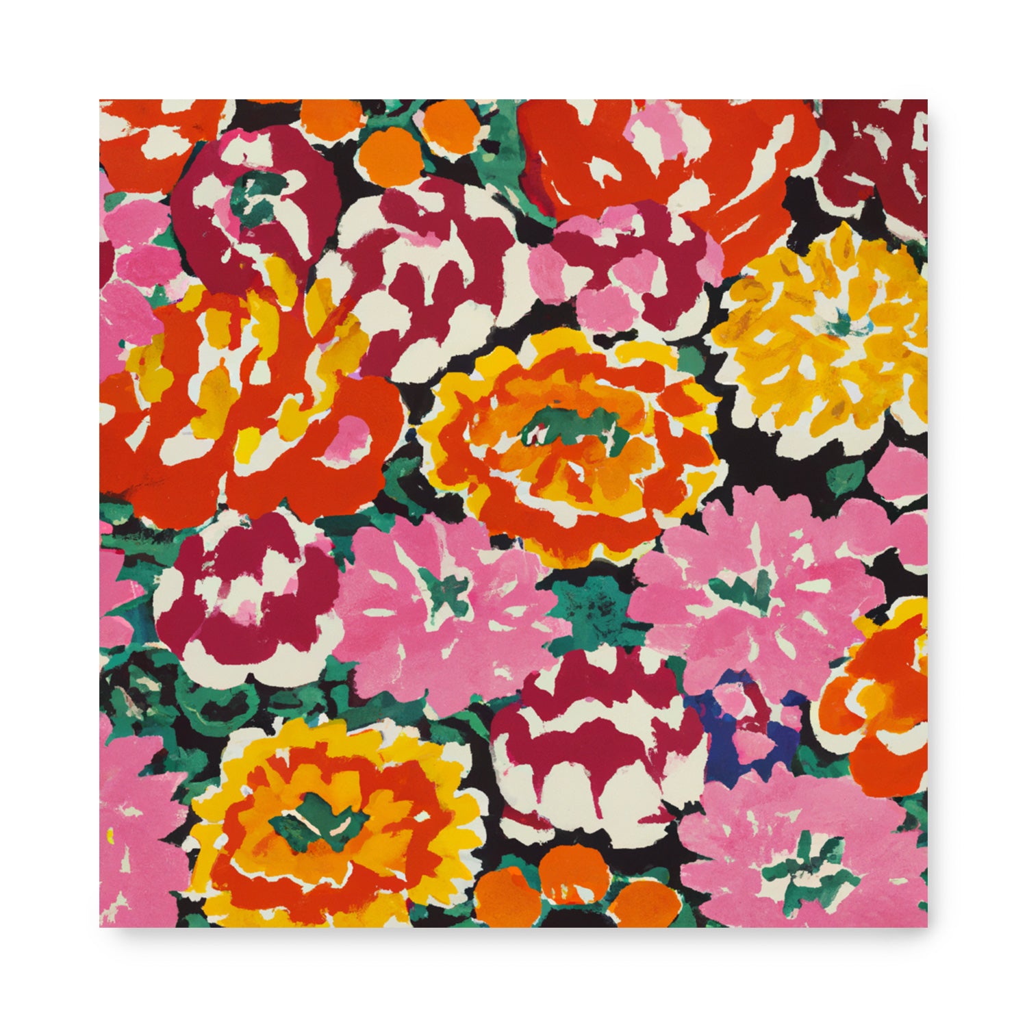 A colorful floral pattern on a black background, perfect for wall decor - the Hothouse Flowers by Stannie & Lloyd.