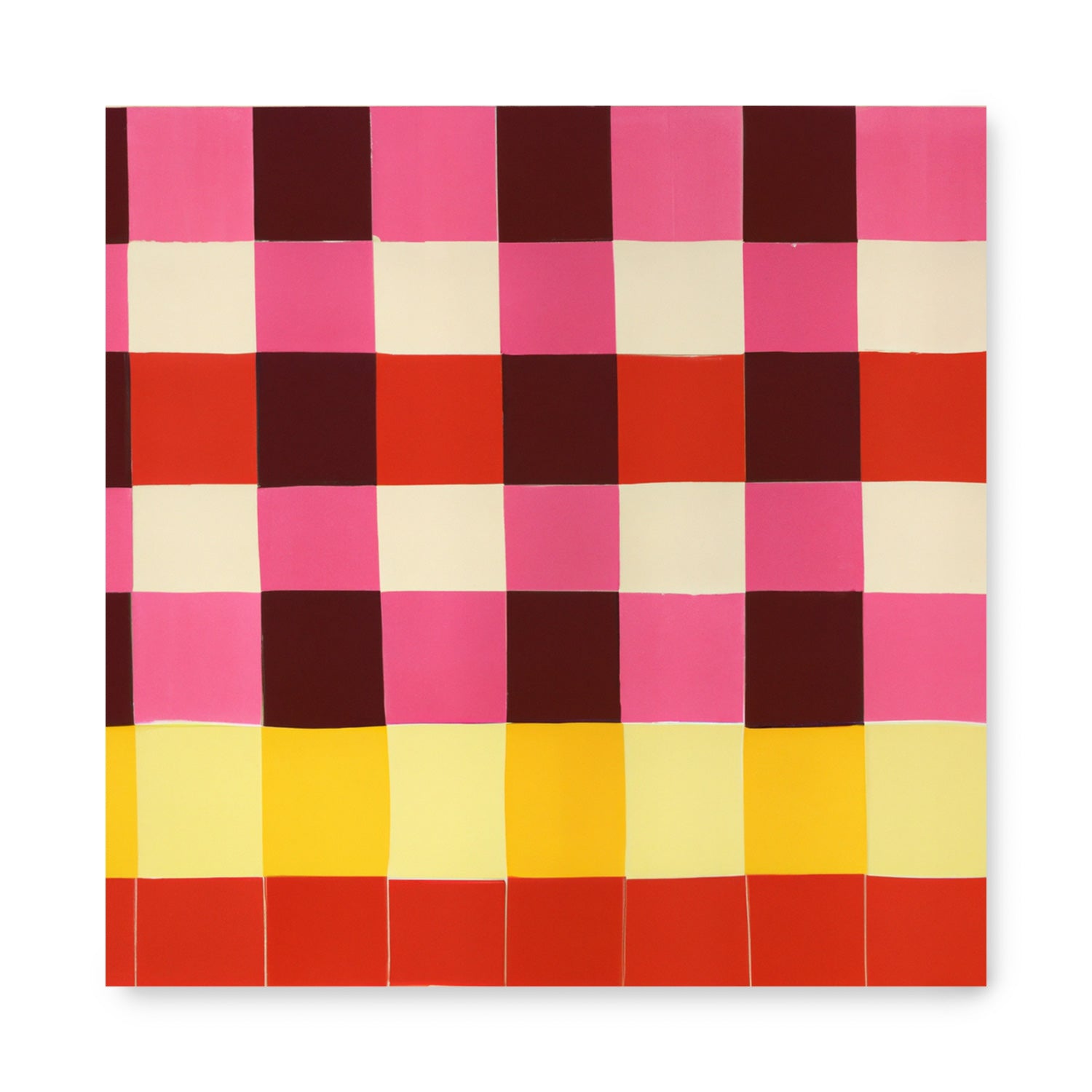 A Tarte Tartan poster with a pink, yellow, and brown checkered pattern on a white background by Stannie & Lloyd.