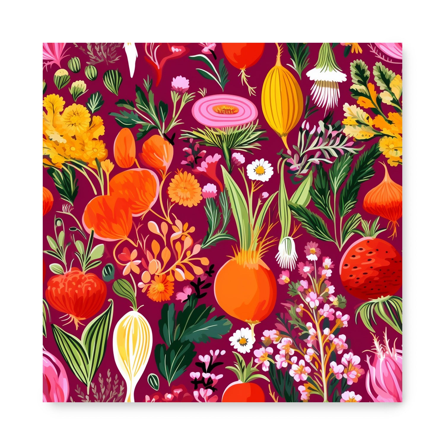 A colorful floral pattern on a burgundy background is available as Stannie & Lloyd soup prints and a print.