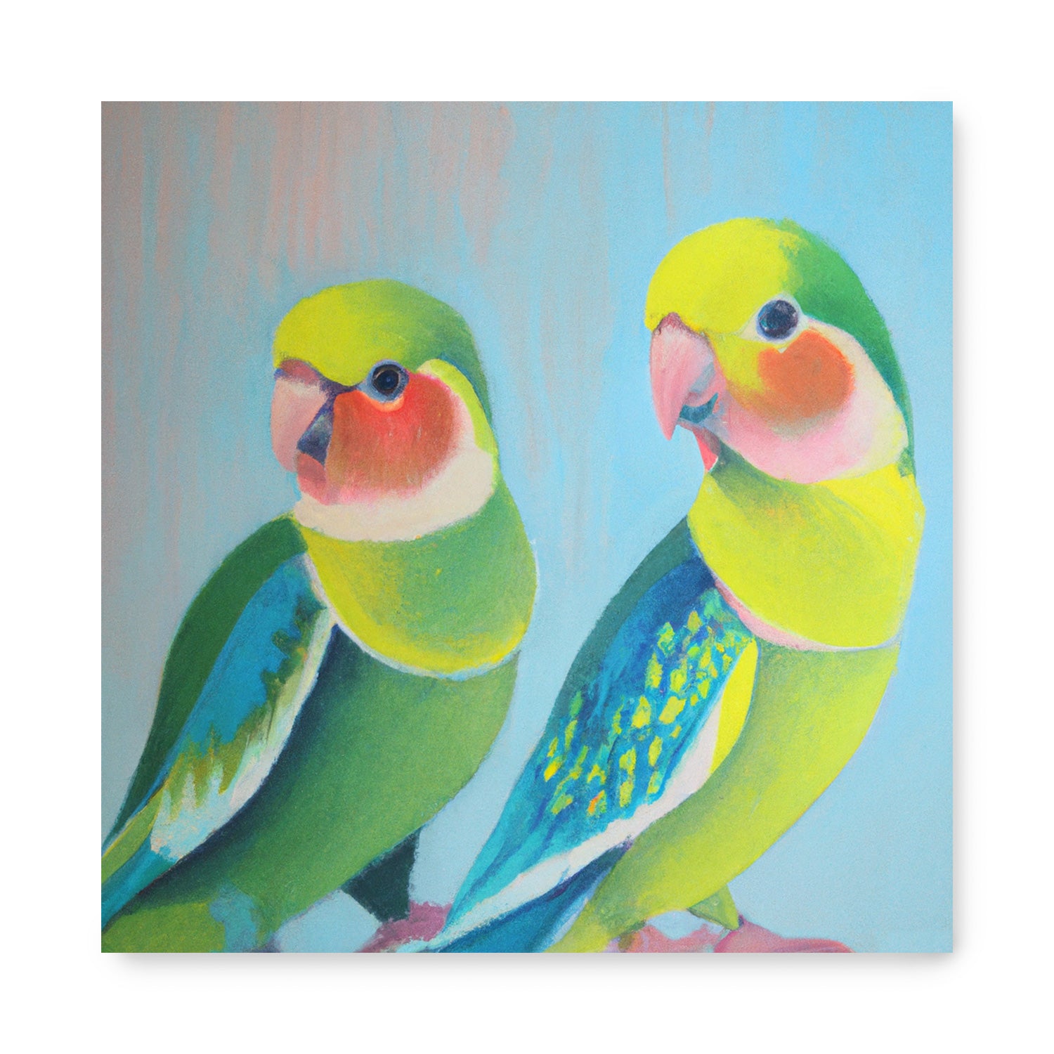 A "It Takes Two to Make a Thing Go Right" painting of two parrots on a blue background, perfect for maximalist decor by Stannie & Lloyd.