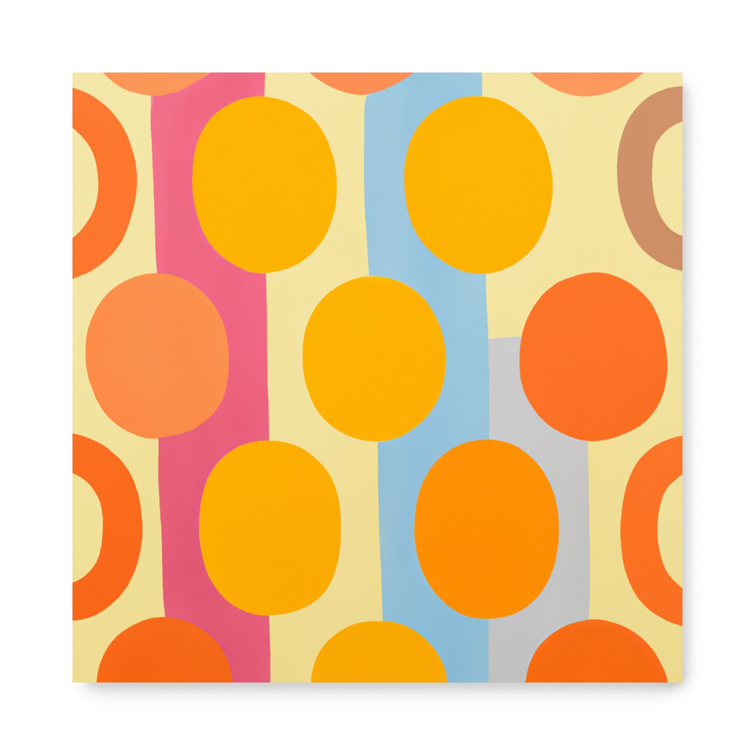 A vibrant painting with orange, blue, and yellow circles on a white background, perfect for wall decor in a living room - "I Won't Disappear" by Stannie & Lloyd.