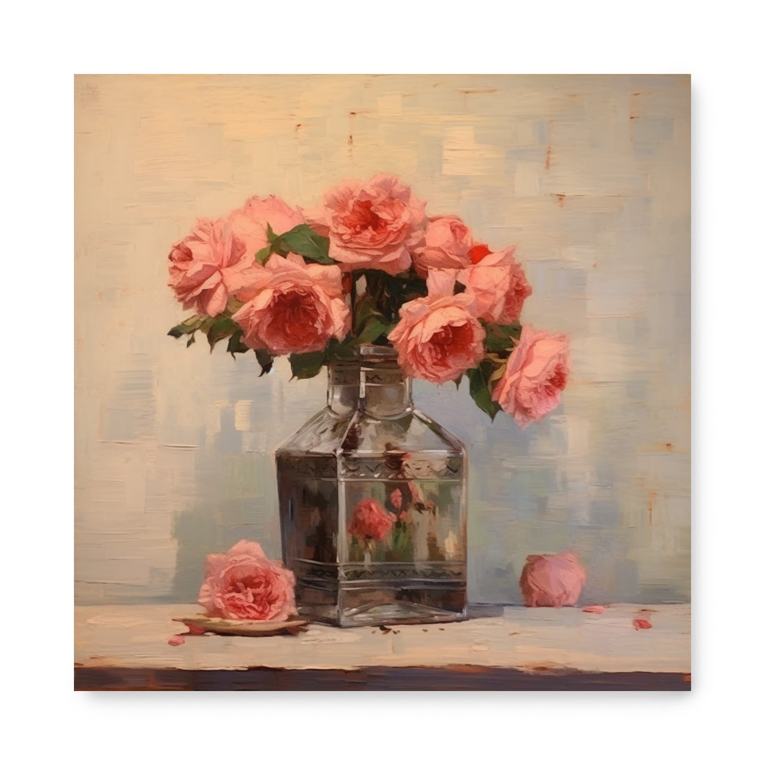 A Perfume Bottle & Roses Study | One wall art print of pink roses in a glass vase by Stannie & Lloyd.