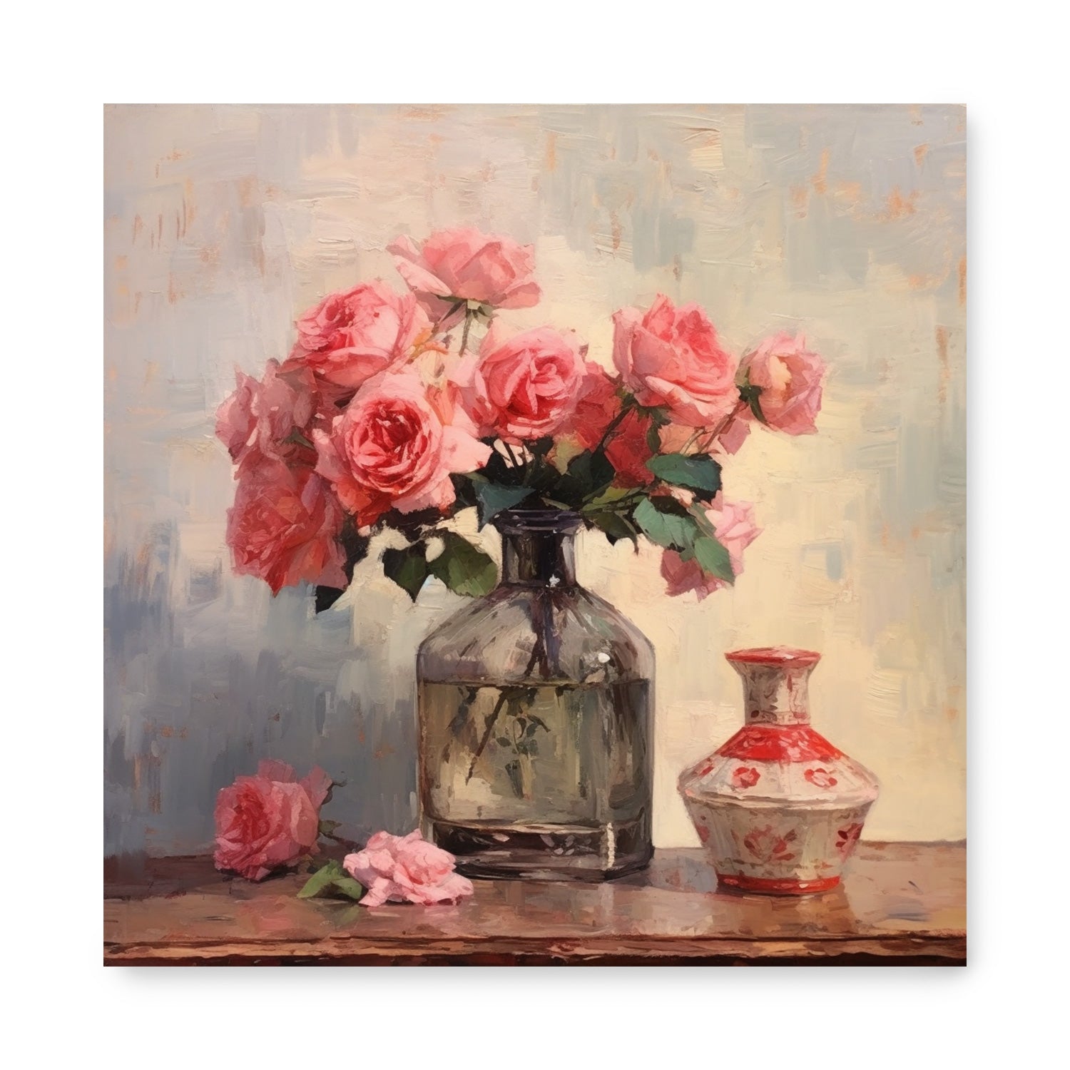 A Perfume Bottle & Roses Study | Three of pink roses in a vase on a table by Stannie & Lloyd.