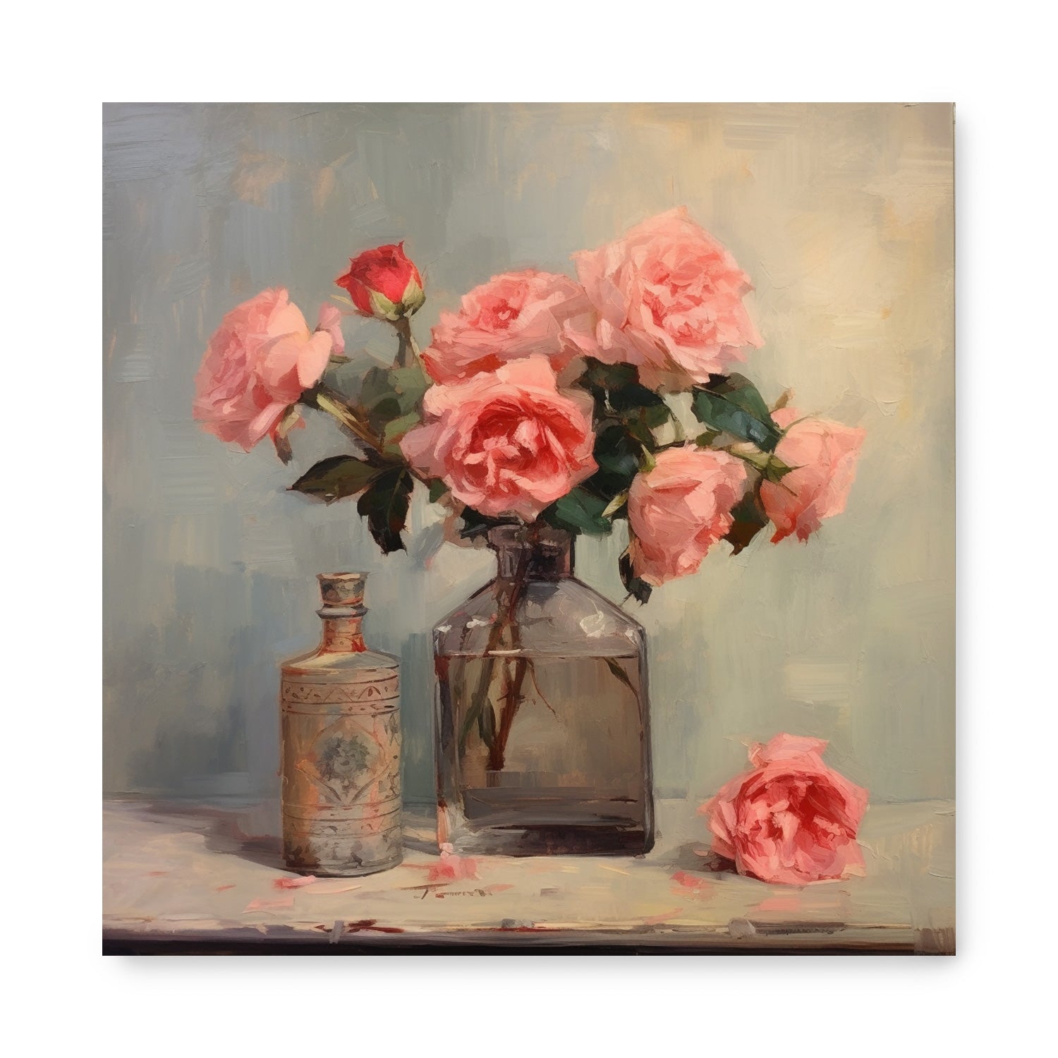 A Perfume Bottle & Roses Study | Two of pink roses in a glass vase by Stannie & Lloyd.