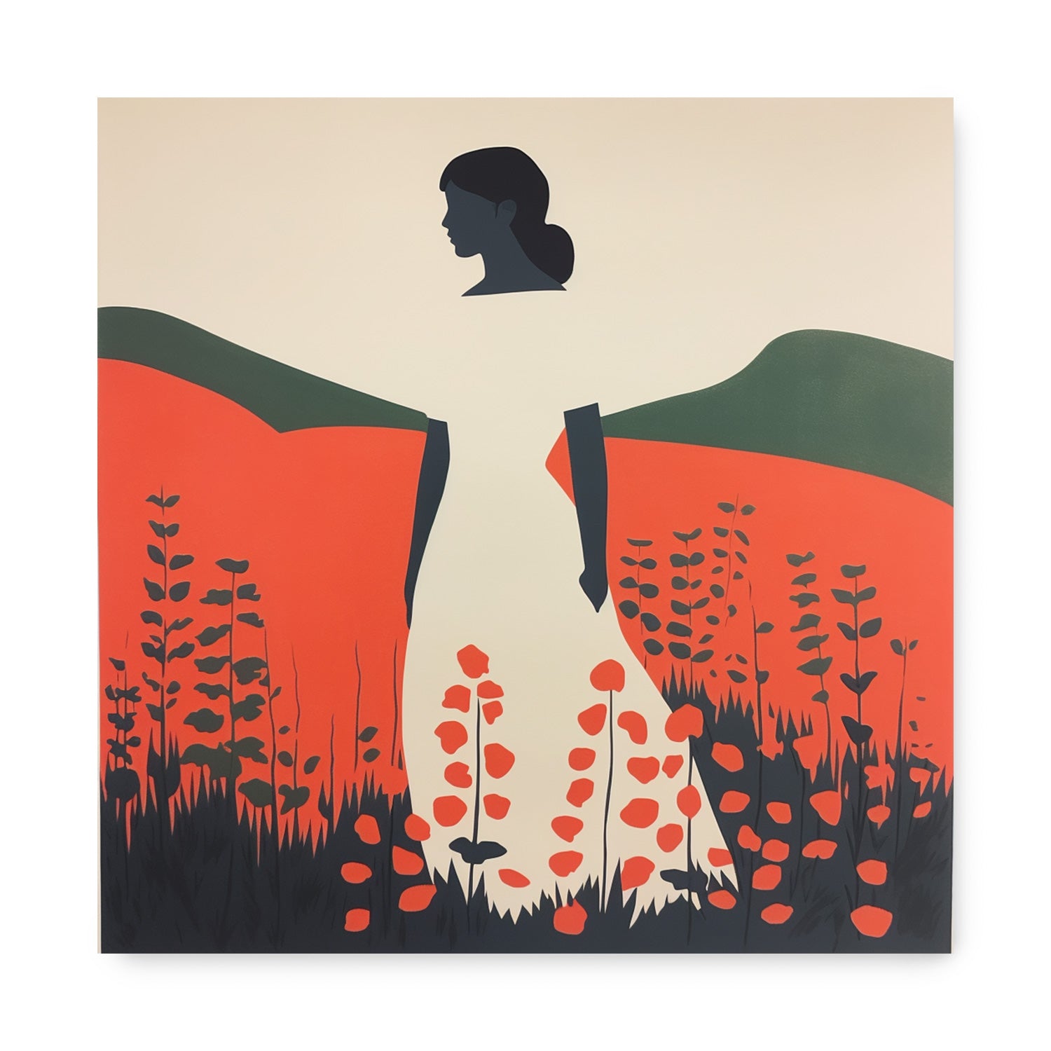 A woman in a white dress standing in a field of flowers, captured beautifully as "The Stars in Her Hair" art print by Stannie & Lloyd.