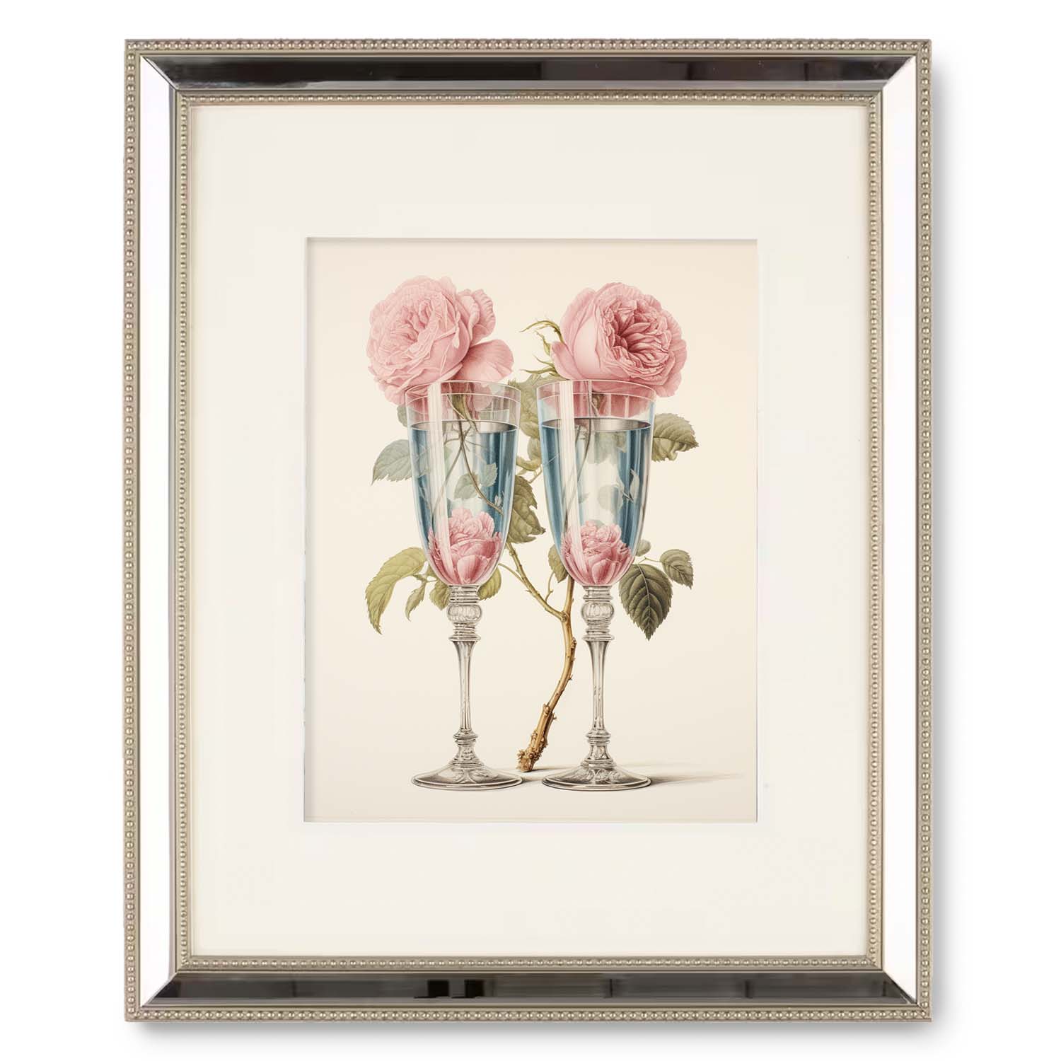 Two Rosewater Champagne flutes filled with water and roses, framed as vintage wall art by Stannie & Lloyd.