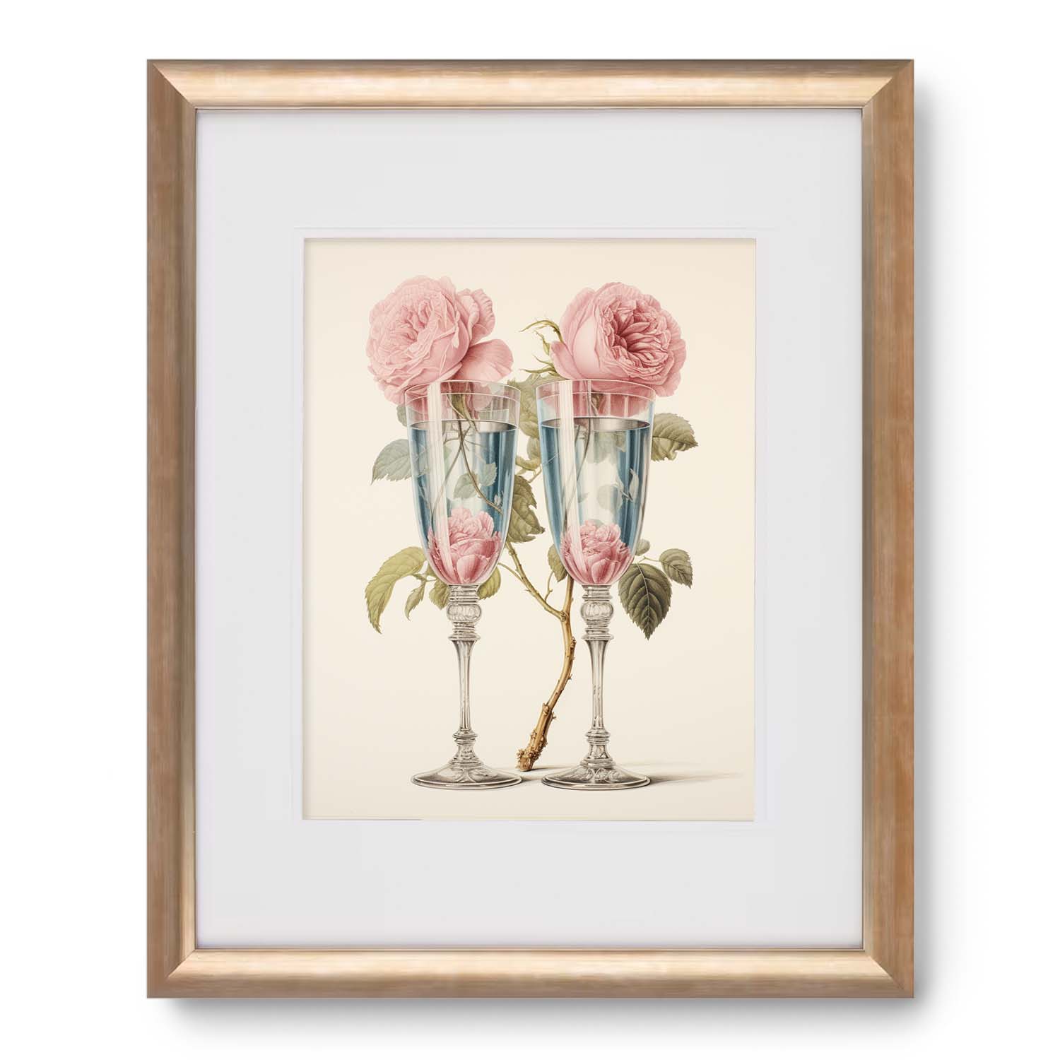 Two Rosewater Champagne glasses with rose decorations are rendered as vintage wall art by Stannie & Lloyd.