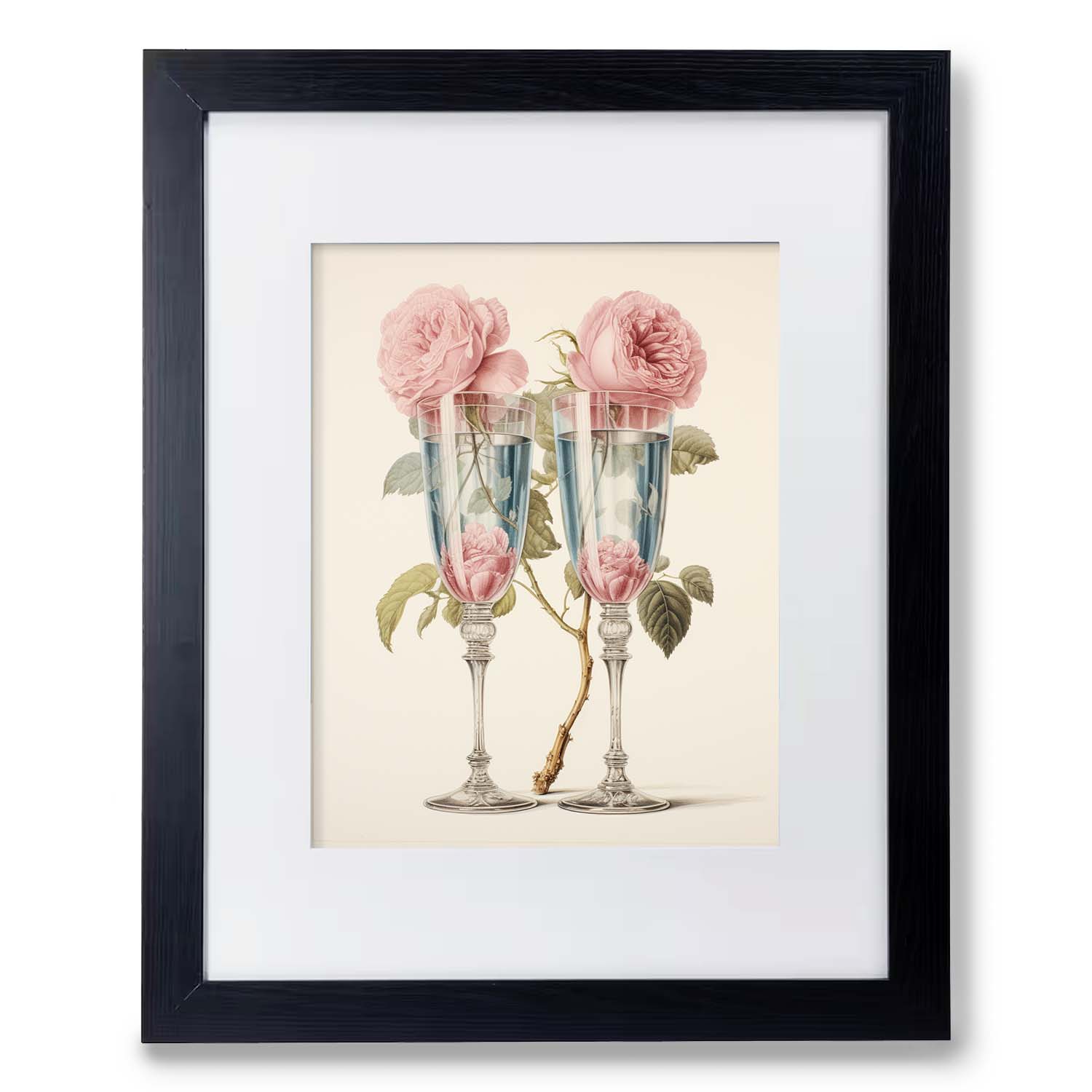 Framed vintage wall art of two Rosewater Champagne glasses with pink roses inside, against a pale background by Stannie & Lloyd.