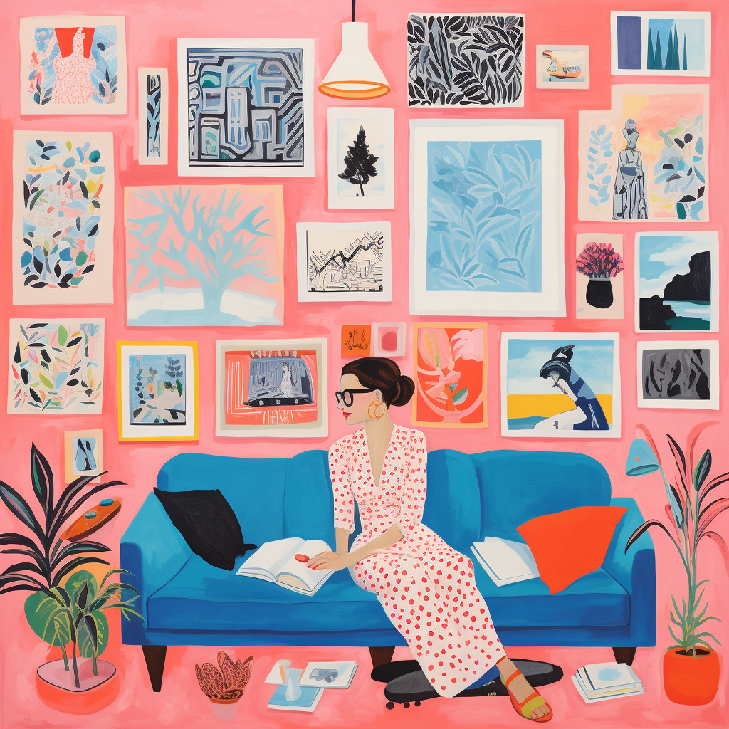Illustration of a woman in a pink room sitting on a blue couch. Behind her are framed gallery wall art prints by Stannie & Lloyd.