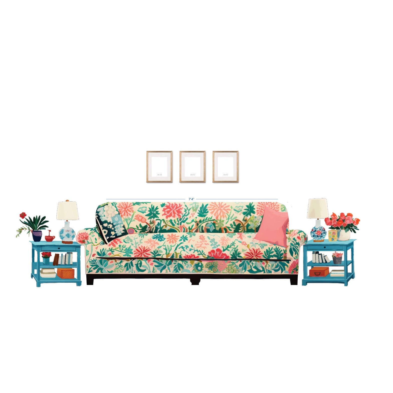 A living room with a couch where Stannie & Lloyd's Gallery Wall | Sweet Tart | 6 Piece Set adorns the walls, creating a vibrant gallery wall.